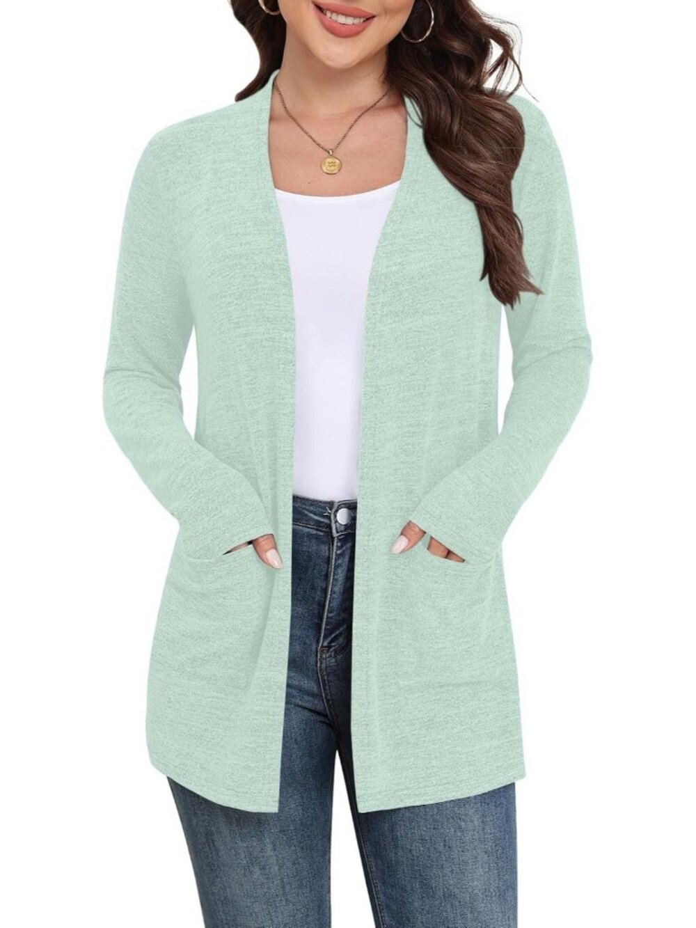 Women's Mint Green Casual Cardigan Long Sleeve Open Front with Pockets Sweater